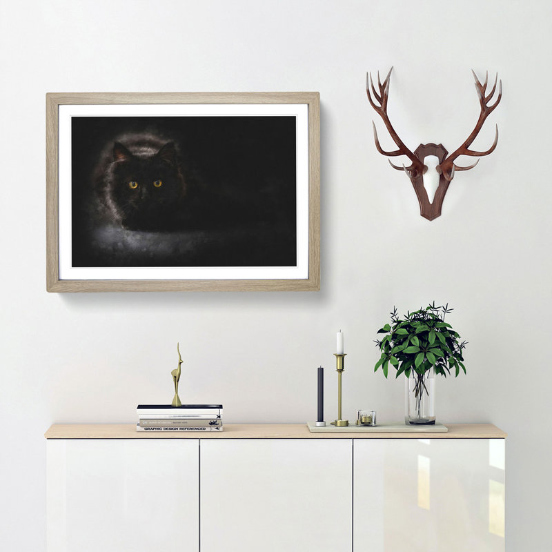 Black Cat with Yellow Eyes - Picture Frame Painting Print, Oak Framed, 45cm H x 63cm W x 2cm D