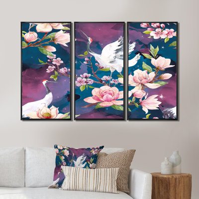 «Crane Brds On Blossoming Pink Flowers», reproduction de cadre flottant sur toile 3 pièces