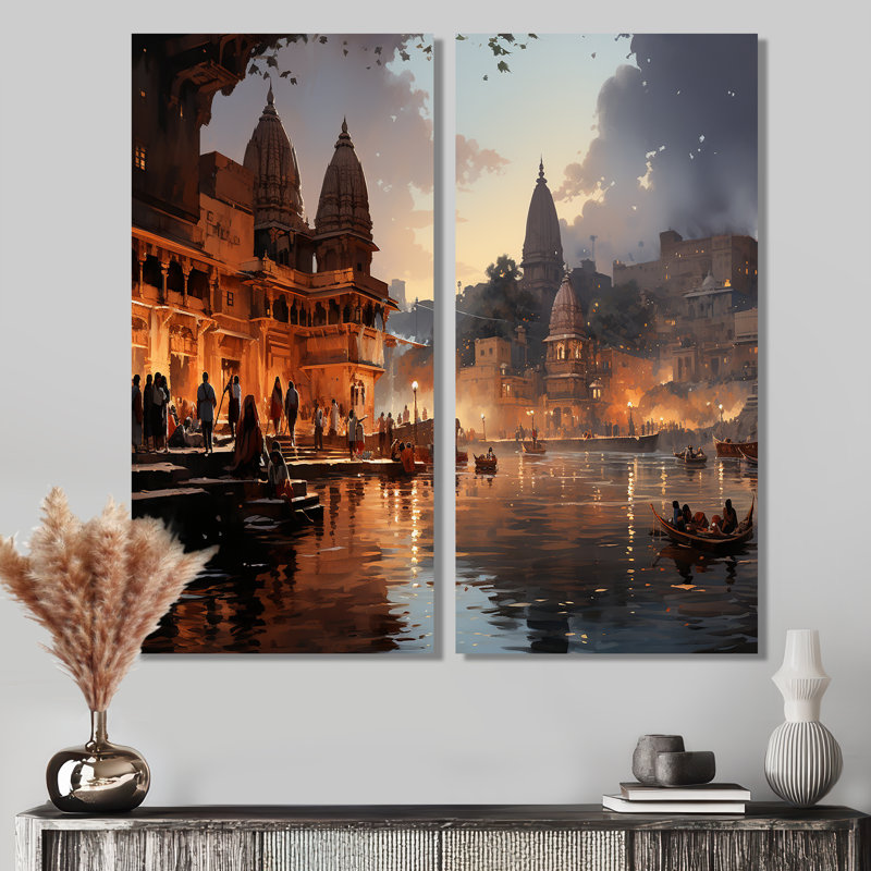 Art indien indien beige et gris, Ghats Of - ensemble de 2 art mural indien, 32" H x 32" W, Wrapped Canvas, Does Not Apply