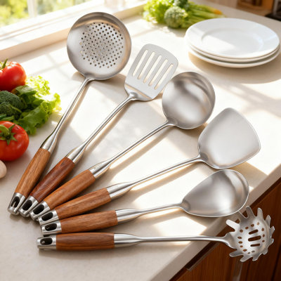 Professional 6-Piece Stainless Steel Kitchen Utensil Set With Wooden Handles - Wok Spatula, Ladle, Skimmer, Slotted Turner, Spaghetti Spoon, And Large Spoon For Cooking