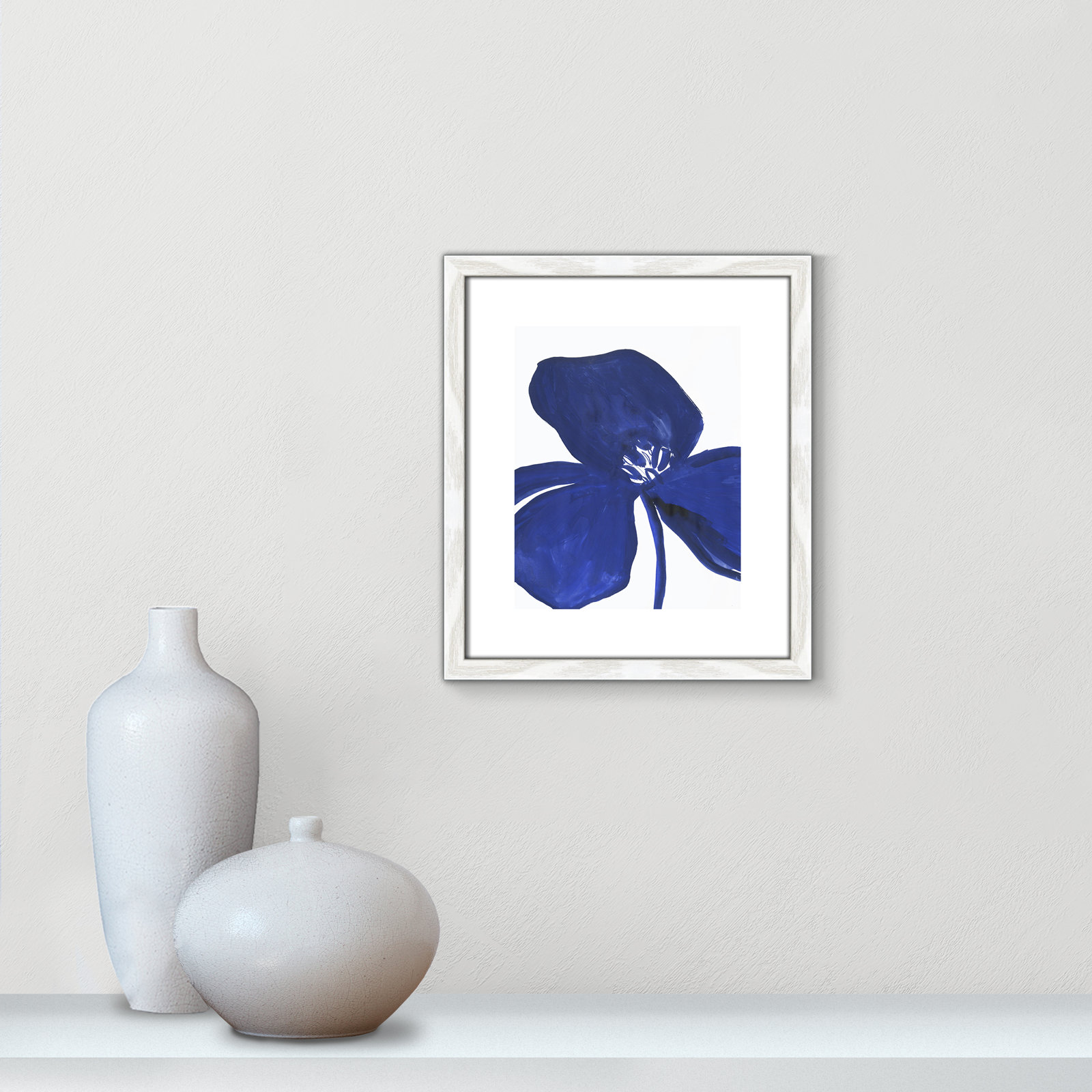 Clarisse "Indigo Petal II" Painting, 15" H x 13" W x 0.75" D, White Framed Paper