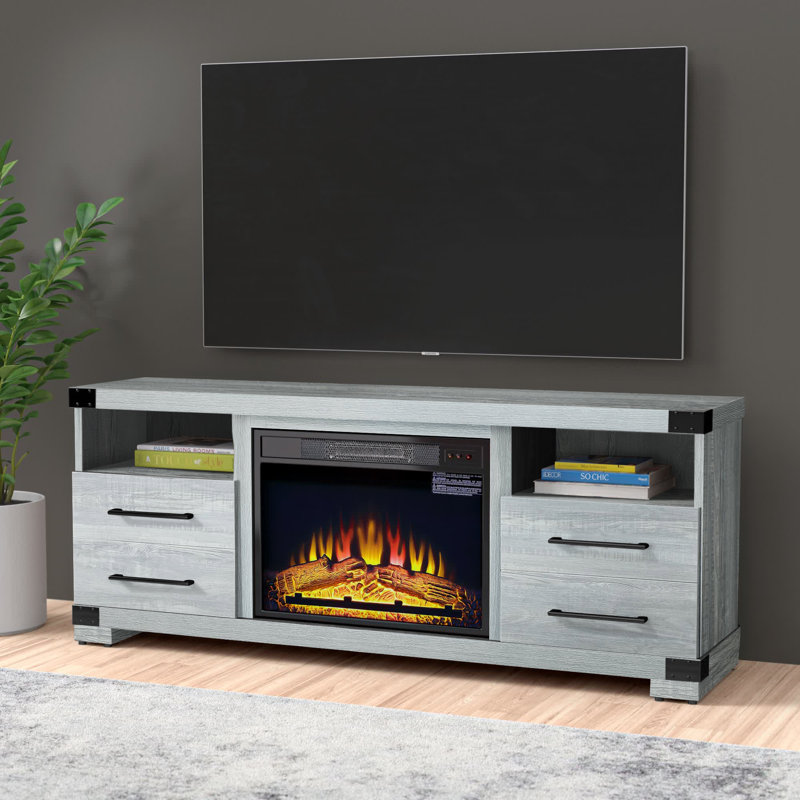Richmond 60" Industrial Traditional Electric Fireplace TV Stand with 4 Shelves and 2 Drawers in Gray, Gray
