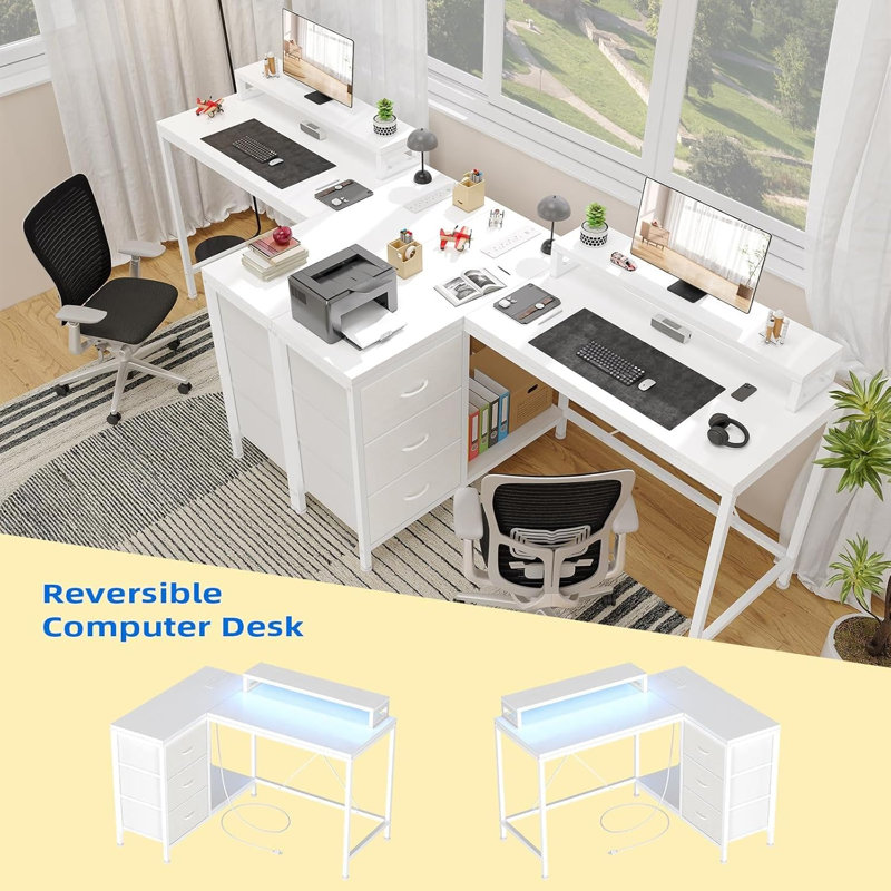 Ergonomic L-Shaped Computer Desk with 4 Power Outlets, 2 USB Ports, 7-LED Lights, Removable Stand, Drawers & Bookshelf