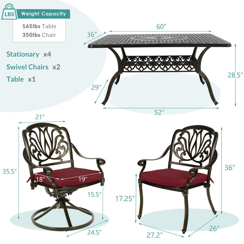 6 - Person Patio Dining Set with Rectangular Table , Cushions Included, Chili Red