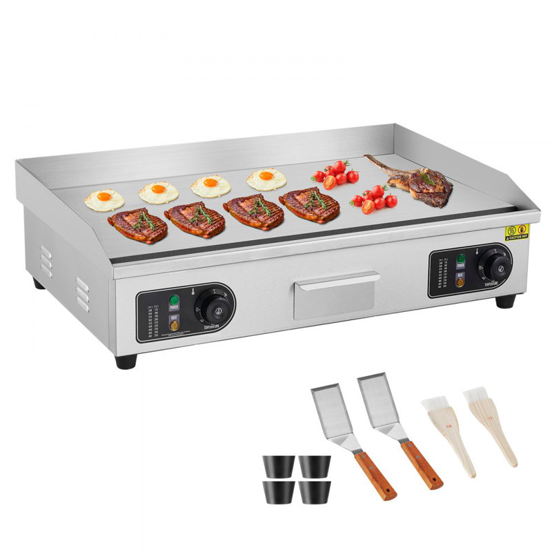 Commercial Electric Griddle, 2800W Countertop Half-Flat Top Grill, 122?-572? Adjustable Temp, Stainless Steel Griddle Grill with 2 Shovels and 2 Brushes for Home or Restaurant