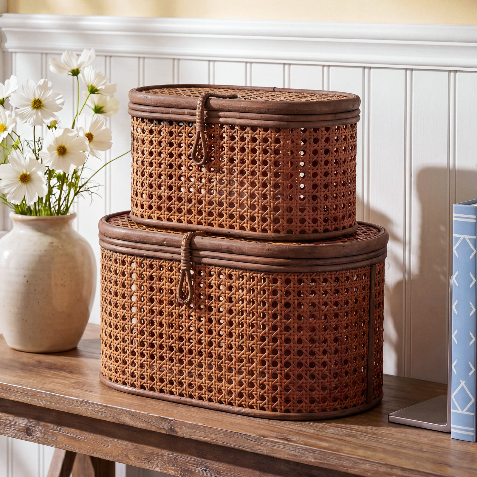 Edelie Coastal Rattan Decorative Basket - Set of 2, Brown