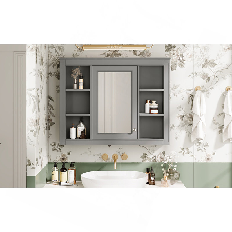 Armoire à pharmacie de 35 po x 27,5 po, armoire de rangement murale pour salle de bain, armoire murale moderne avec miroir, armoire à miroir avec 6 tablettes ouvertes (meuble-lavabo non inclus)