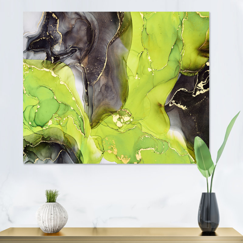 «Green and Black Luxury Abstract Fluid Art I», peinture sur toile, H 24 po x l 32 po x P 1 po, Toile tendue