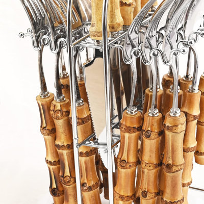 Ensemble de couverts 24 pièces à poignées en bambou, couverts en acier inoxydable avec miroir et support de rangement, service pour 6