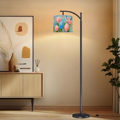 Arc Floor Lamp with Adjustable Lampshade Rustic Floral Pink Blue Hydrangea Flower Butterfly Wooden Cottagecore Standing Lamp 3 Color Temperatures Dimmable Tall Pole Lamp with Foot Switch for Bedroom