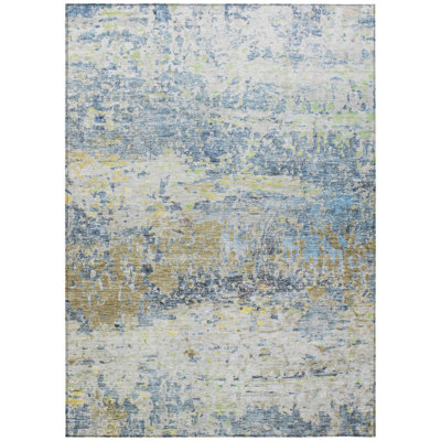 Tapis extérieur lavable abstrait bleu vert et ivoire 5 pi x 8 pi