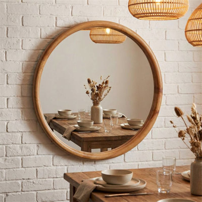 Grand miroir mural rond en bois naturel 31,50 "Mid Grand miroir Mid-Century