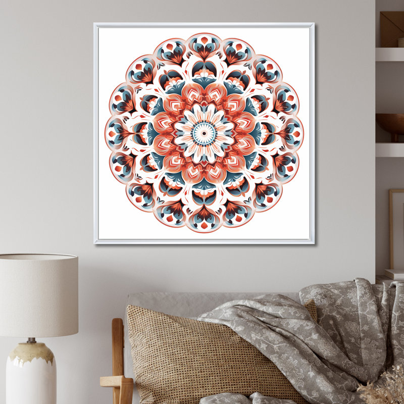 Mandala élémentaire sérénité en bleu et rouge, Cadre flottant blanc, H 30 po x l 30 po x P 1 po