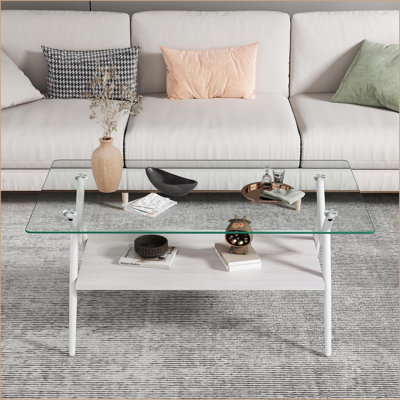 Tempered Glass Coffee &amp; End Table Set of 3, Easy-Clean, Iron Legs for Organized Living Room