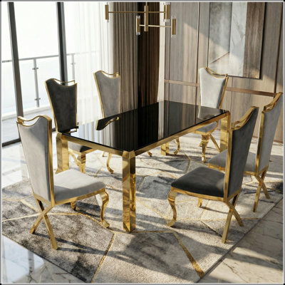 Table de salle à manger moderne 63 "or avec verre trempé noir