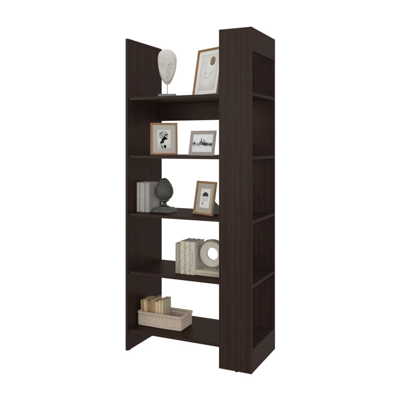 Bibliothèque ouverte à 5 tablettes, design contemporain pour présentation et rangement, noyer teint