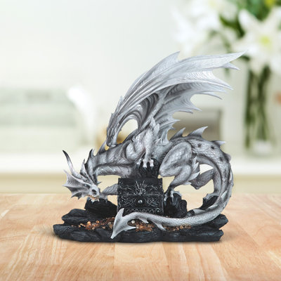 20"W Medieval White Dragon with Treasure Chest Figurine Large Sculpture   