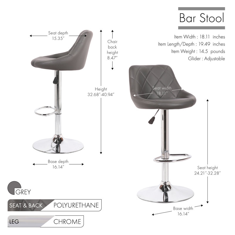 Swivel Upholstered and Faux Leather Adjustable Height Bar Stool with Steel Frame, Grey
