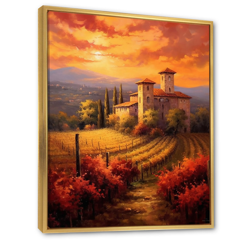 «Beautiful Sunset Castle In Italian Vineyard I», reproduction sur toile, H 32 po x l 16 po x P 1 po, Cadre flottant doré