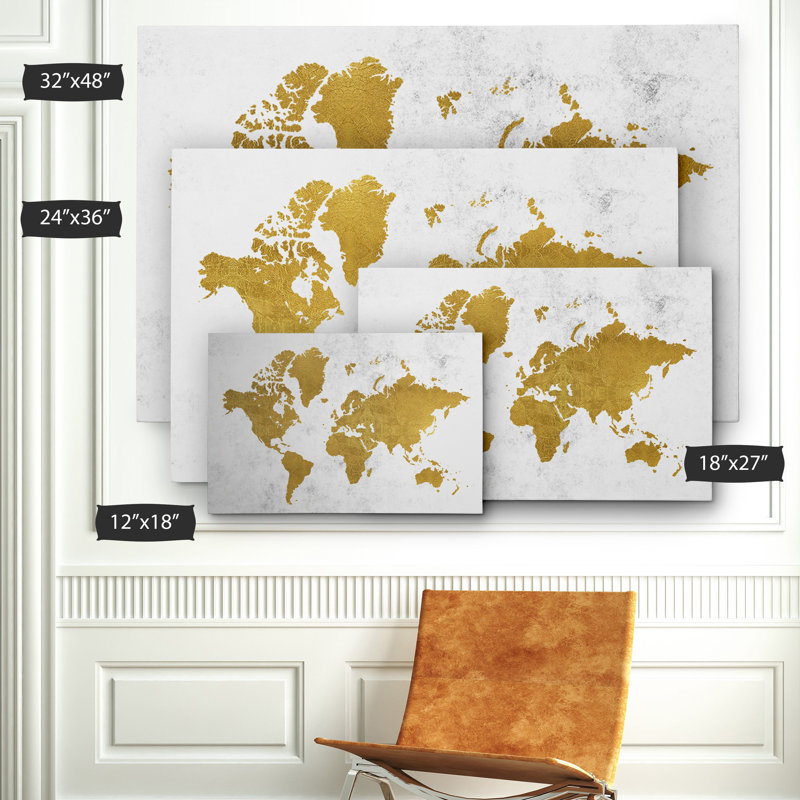 Carte du monde doré - impression sur toile, H 12 po x l 18 po x P 1,5 po
