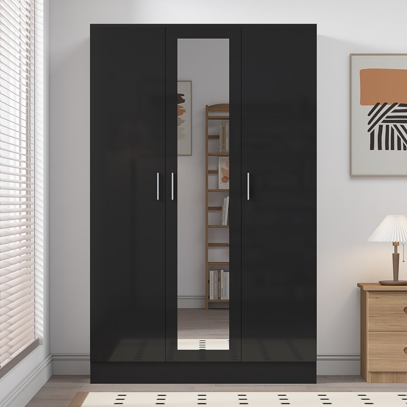 Eva High Gloss Mirrored 3 Door Wardrobe - H: 180cm x D: 47cm x W: 113cm, Black Oak/Gloss Black