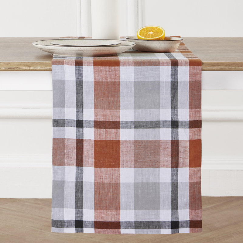 100% Pure Linen Table Runner, 120" x 14", Cinnamon, Plaid