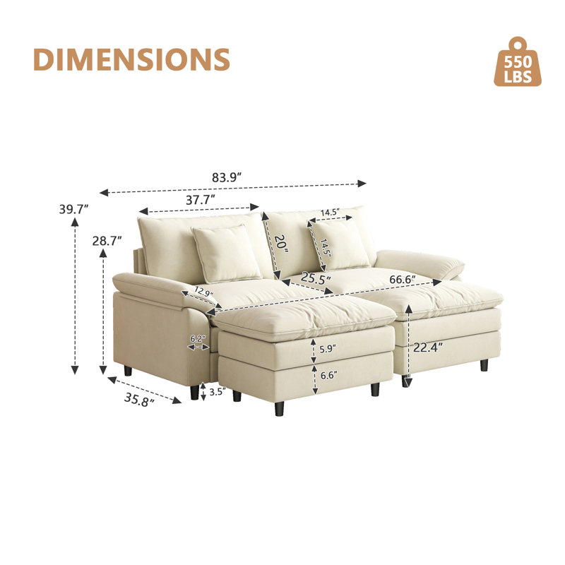 Chenille Double Sofa With Two Footrests, White