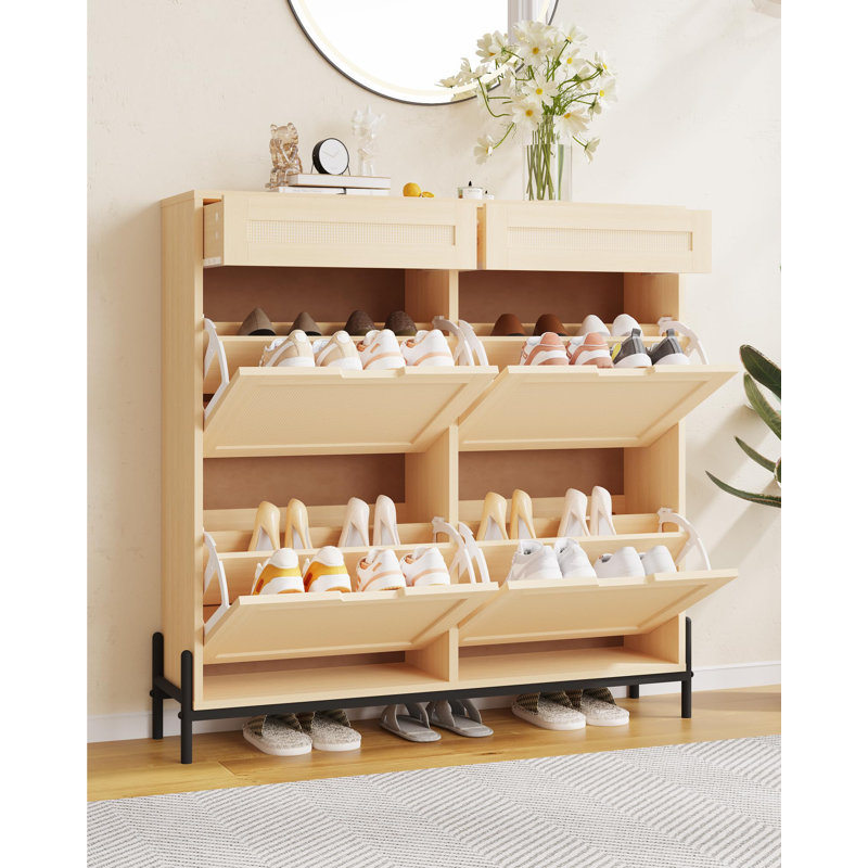 Rattan Shoe Cabinet with 4 Flip Drawers & 2 Top Drawers, Slim Wooden Organizer with Adjustable Shelves, Natrual