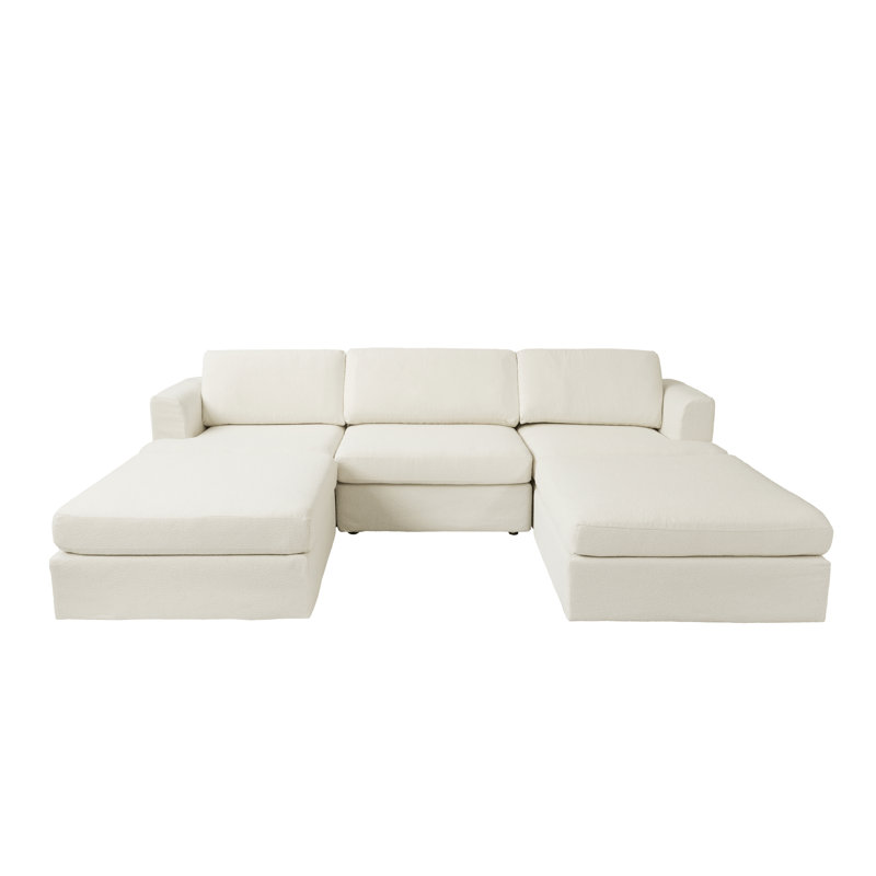 Akshata 5-Piece Upholstered Boucle Sectional Slipcovered Sofa With Ottoman, White Fabric/Boucle