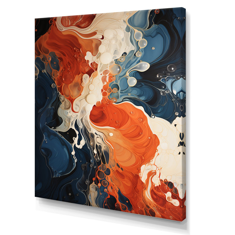 Encre liquide bleue et orange V - Art mural abstrait, H 32 po x l 16 po x P 1 po, Toile tendue