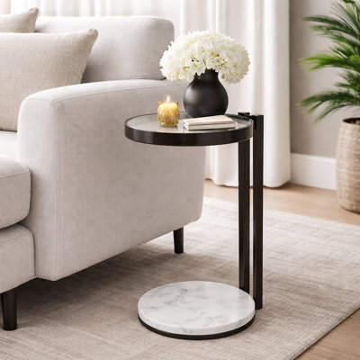 Black Metal Drink Table with Glass Top and White Marble Base, 10" W x 10" D x 23.25" H