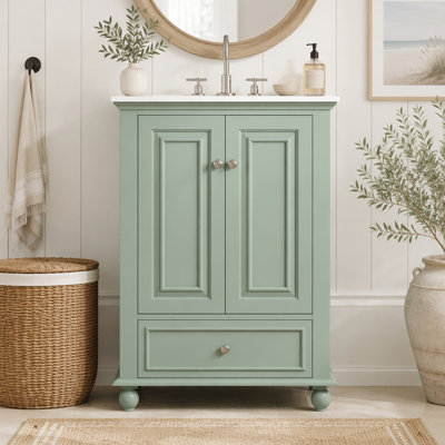 Meuble-lavabo rétro français sculpté avec lavabo en céramique brillante, armoire de rangement à fermeture en douceur avec tablette réglable et tiroir divisé, meuble-lavabo à pieds en bois massif
