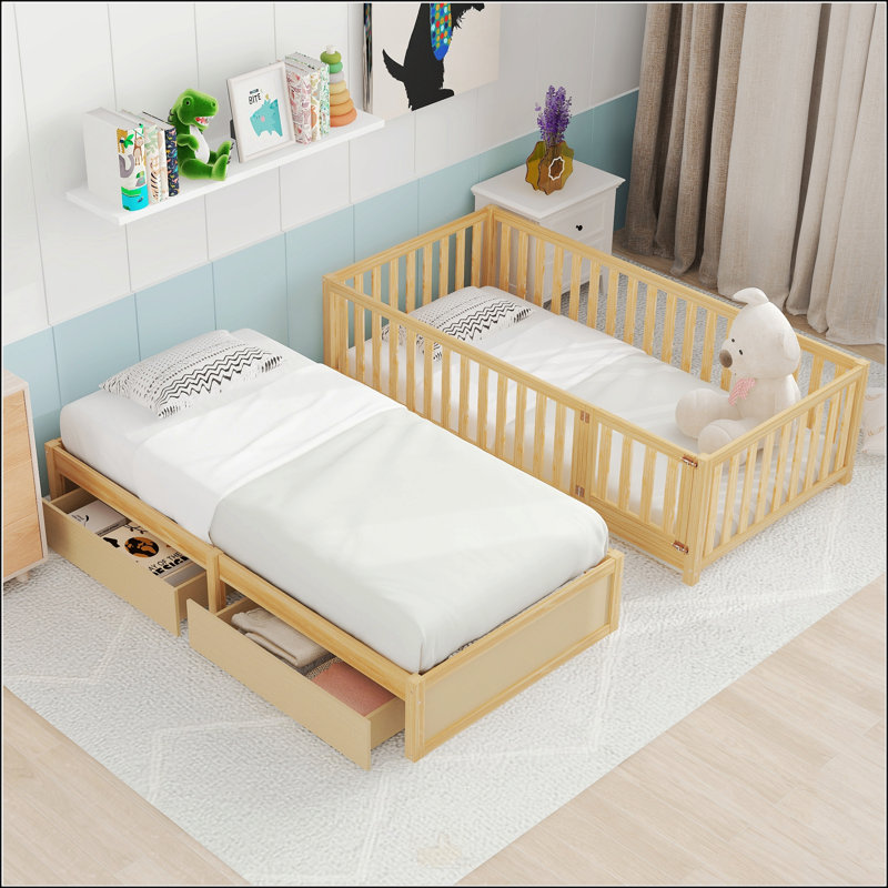 Lit de jour simple en bois avec garde-corps et rangement, divisé en deux lits pour une flexibilité maximale, Naturel
