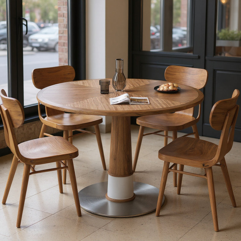 Grande table de salle à manger ronde de 43,3 pouces à base en acier inoxydable avec plateau en noyer naturel pour 4 à 8 personnes