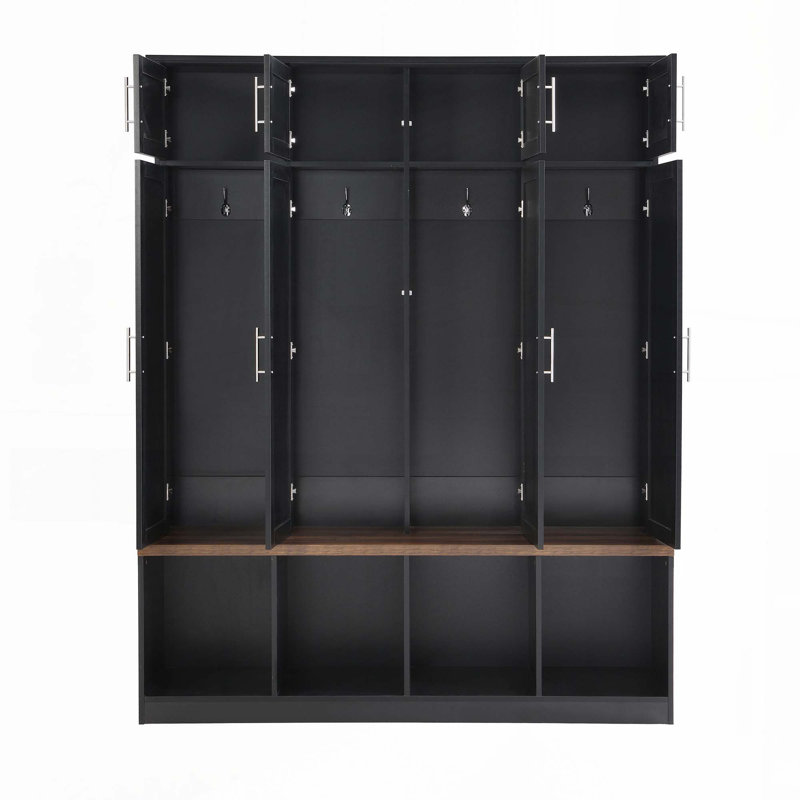 Hall Tree with 4 Hanging Hooks, Wood Grain Bench with Multiple Storage Space, Black
