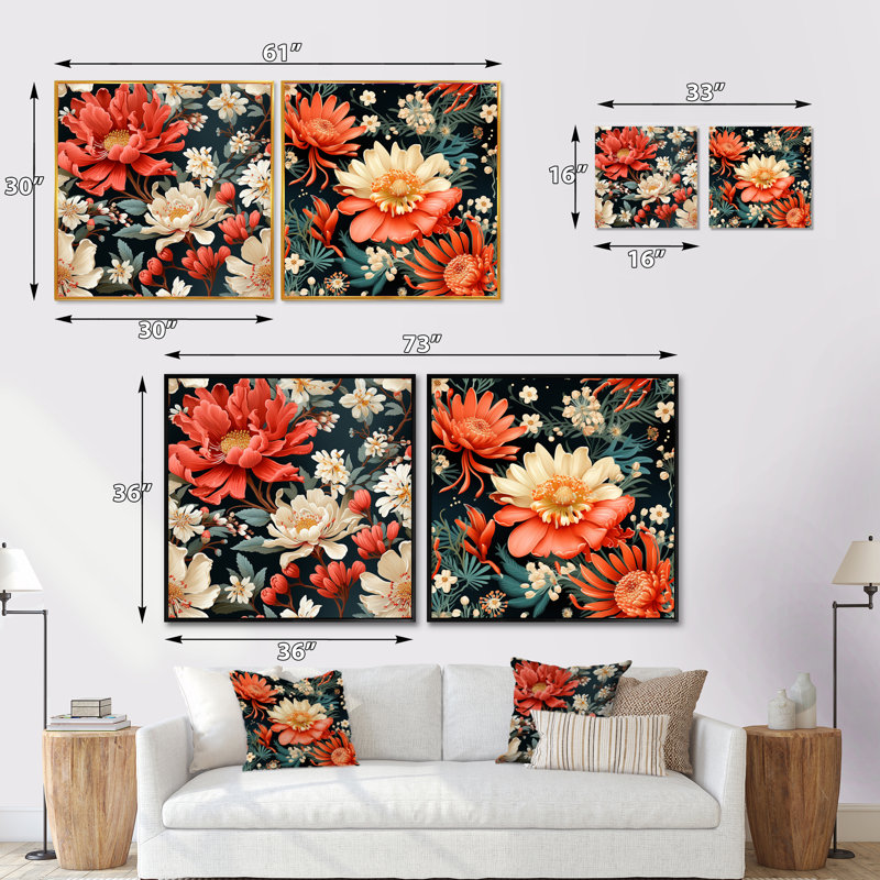 Ensemble de 2 fleurs de dahlia terreuses Hodgdon, H 16 po x l 33 po, Cadre flottant doré