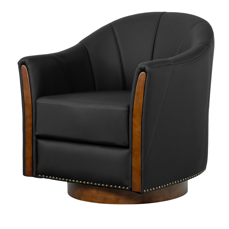Fauteuil demi-tonneau pivotant en cuir végétalien moderne l 28 po avec base en bois massif, Noir
