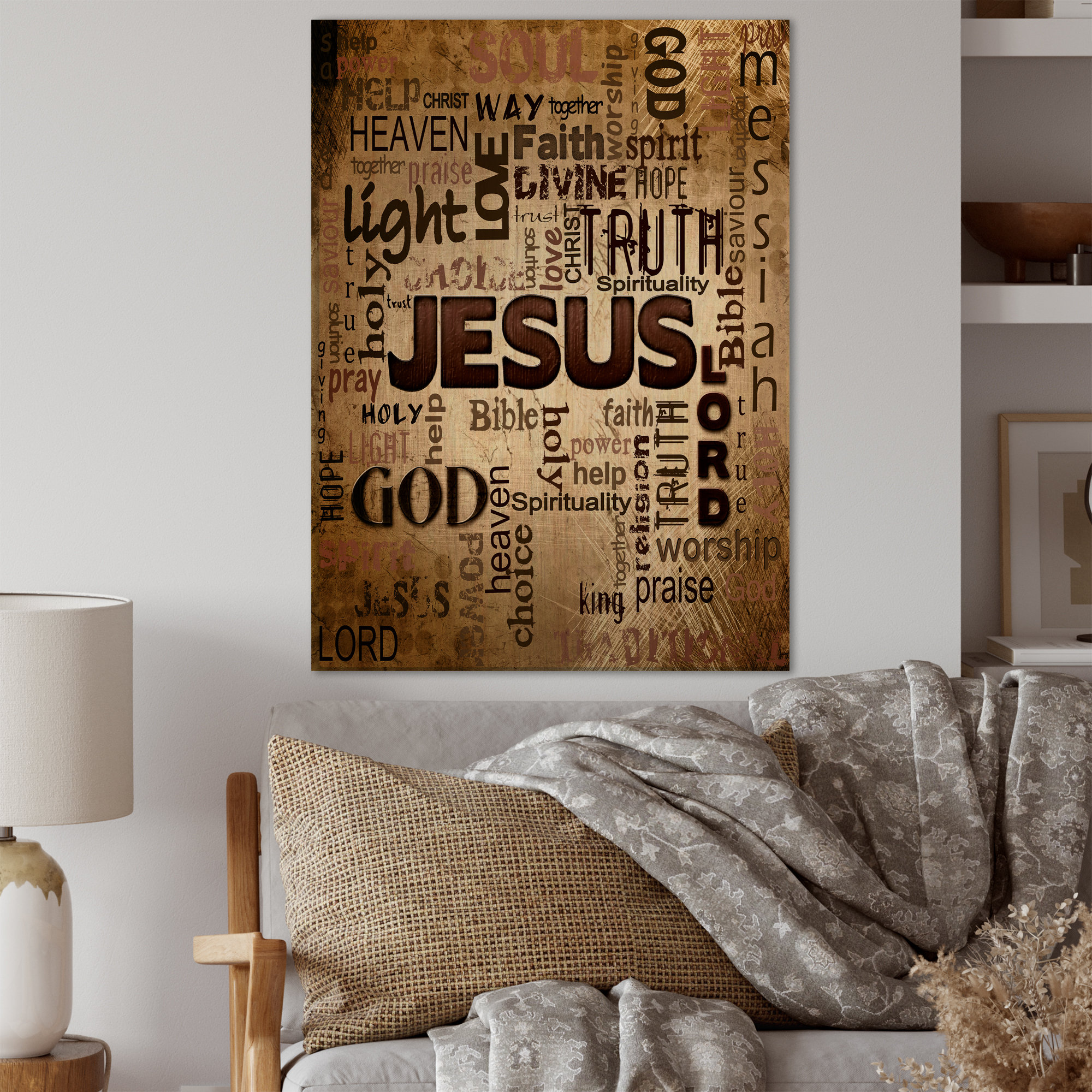 Trinx Jesus' Word Cloud In Grunge Background On Wood Painting | Wayfair