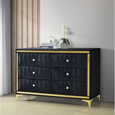 Commode 6 tiroirs en velours Scher entièrement assemblée avec pieds et garniture dorés
