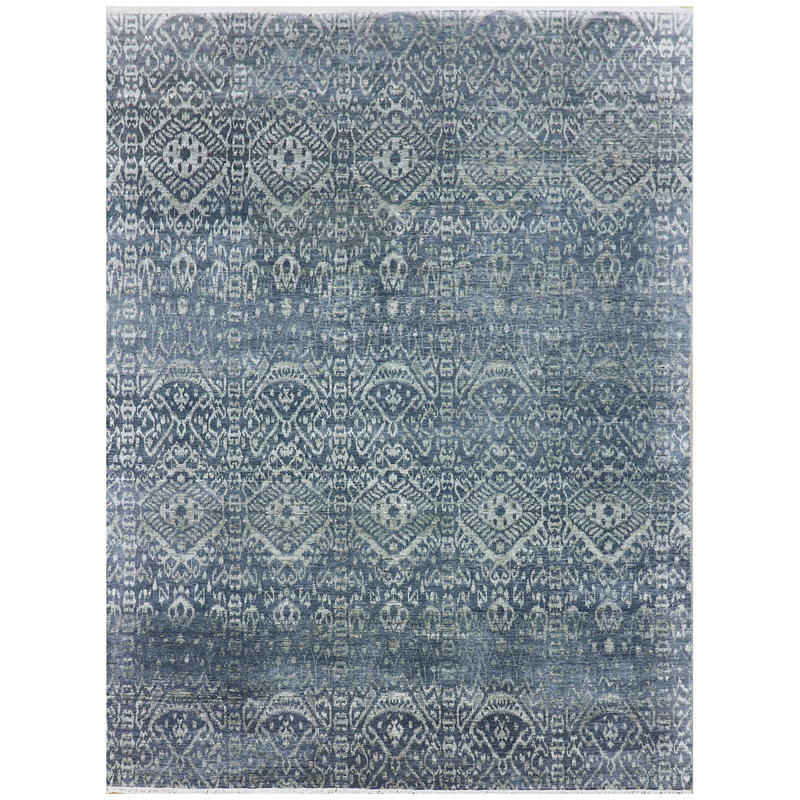 Tapis gris clair / noir / bleu noué à la main de haute qualité, Rectangle 9 pi x 12 pi