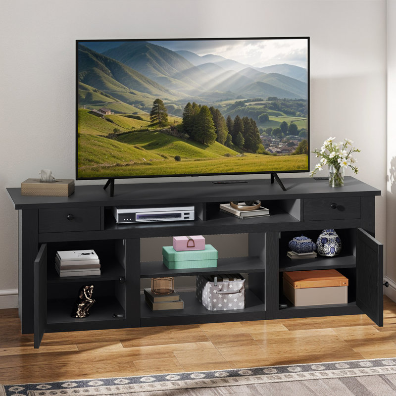 70"W Farmhouse TV Stand for TVs up to 80" with Power Outlet, 25.6" H x 70" W x 15.5" D, Black