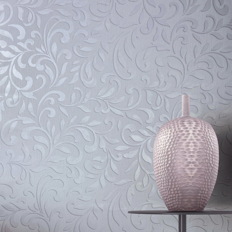 Leafy Scroll Damask Wallpaper Roll, Grey