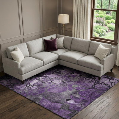 Tapis lavable abstrait mauve et ivoire 10 pi x 14 pi avec protection UV