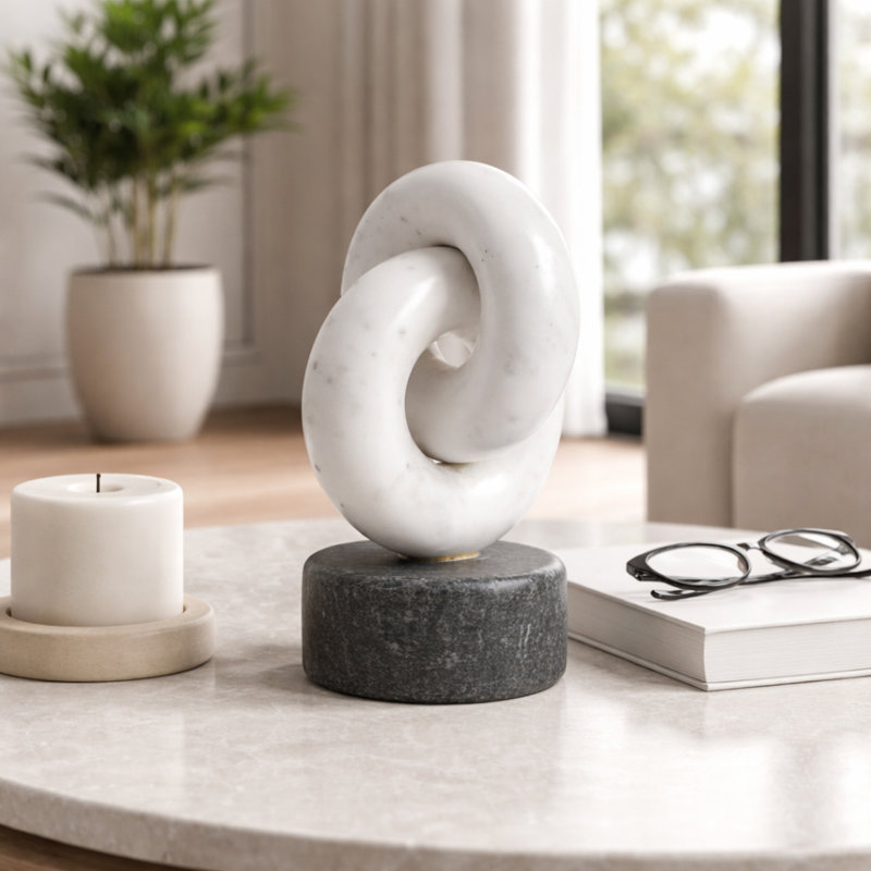 Modern Marble Link Figurine For Living Room Decoration - Decorative Statue For Shelf Accent Or Home Decor - 9", White & Gray