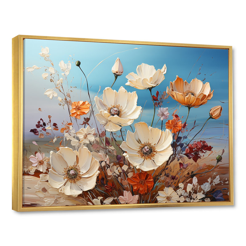 «White Wildflowers Farmhouse Charm» sur impression sur toile, Cadre flottant doré, H 16 po x l 32 po x P 1 po