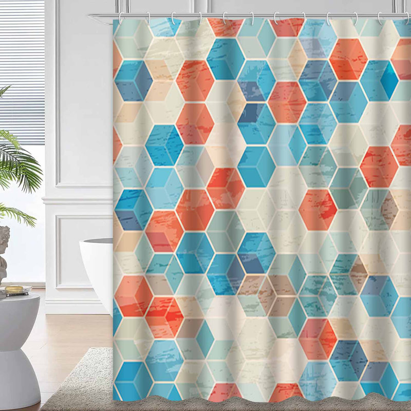 Rideau de douche bleu à motif géométrique bleu sarcelle avec 12 crochets, L 72 po x l 72 po