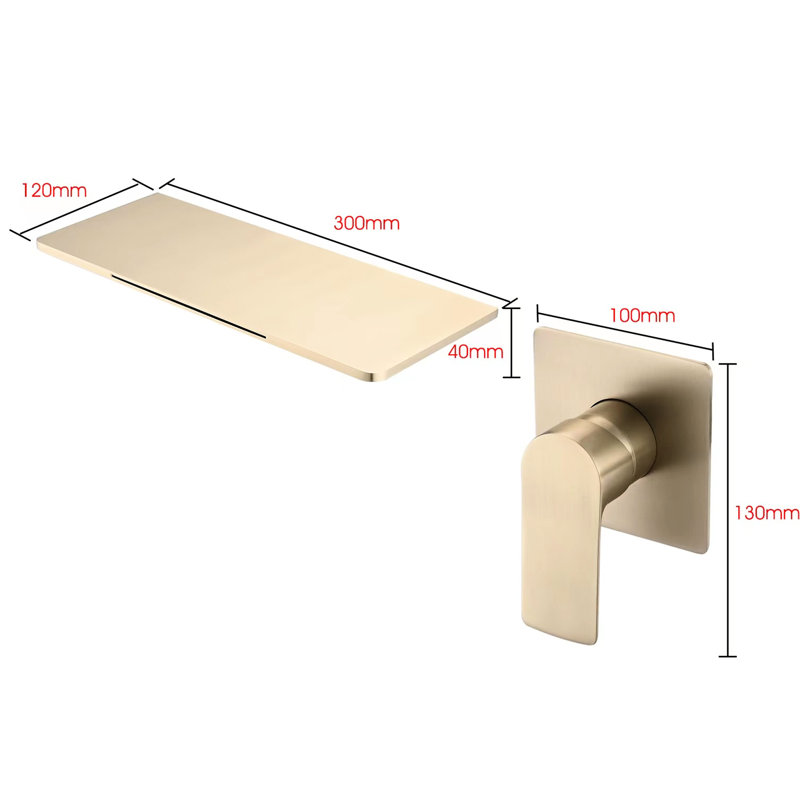 Brushed Gold Wall Mounted Bathroom Tap - Waterfall, Single Handle Fascination Sink Faucet Modern Waterfall With