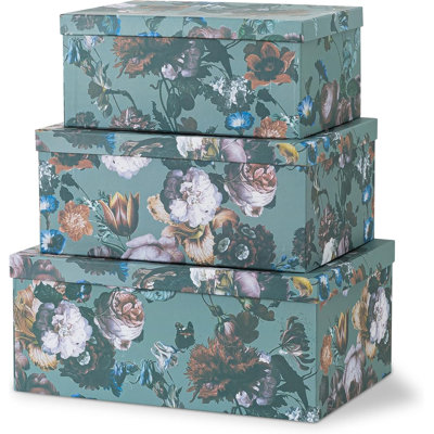 Decorative Storage Cardboard Boxes With Lids | Elegance In Bloom - Set Of 3 | Floral Moody Paperboard Nesting Boxes