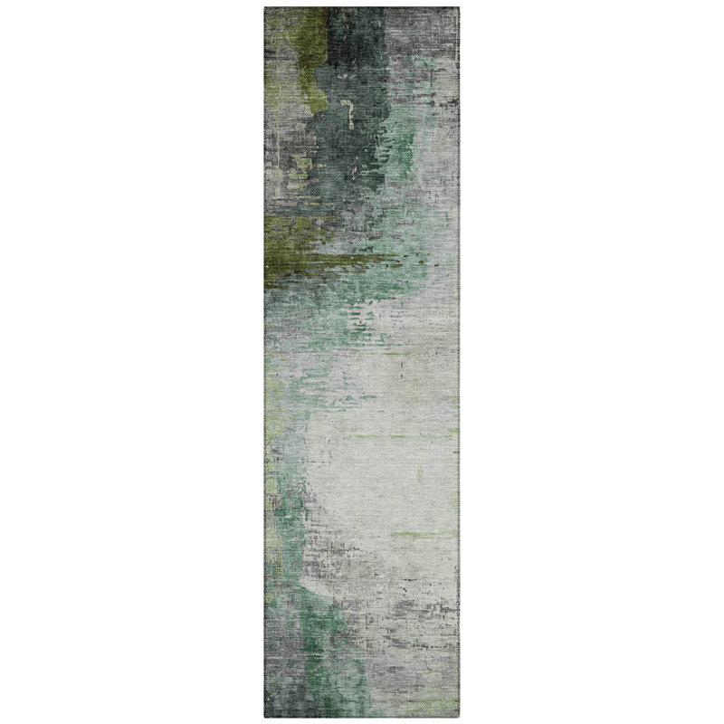 Machine Washable Indoor/Outdoor Xhevrie Green Rug, Runner 2'3" x 7'6"