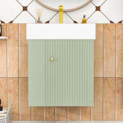 Meuble-lavabo moderne flottant avec porte à motif de vagues, lavabo en céramique et tablettes de rangement